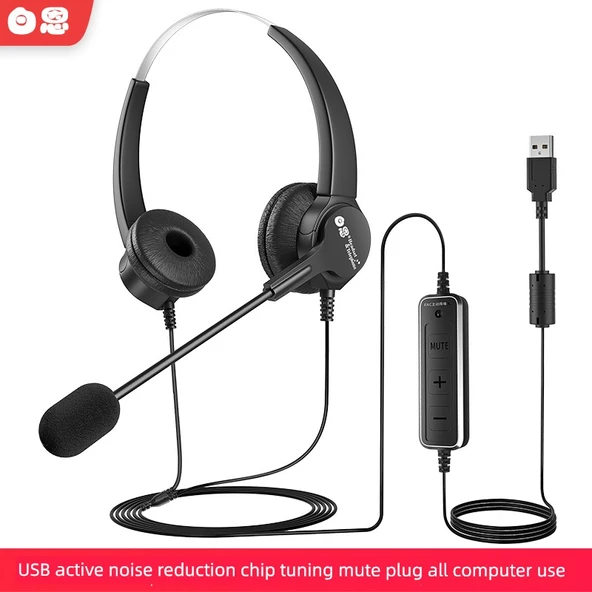 Çağrı Merkezi Kulaklığı - Çift Kulak USB Aktif Gürültü Önleyici Çipli Ayarlanabilir Mute Fişli Bilgisayar