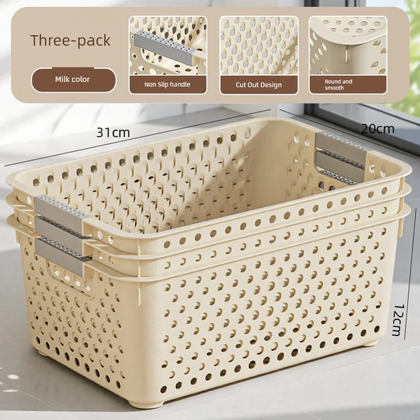 Ev Saklama Sepeti - Masa Düzenleyici - Mutfak Dolabı Sepeti 7.5L - Büyük Krem Sarı (3'lü)