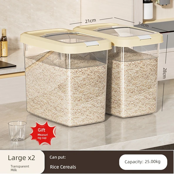Şeffaf Pirinç Saklama Kabı - 2'li Paket - 12.50kg - Ölçü Kabı Dahil