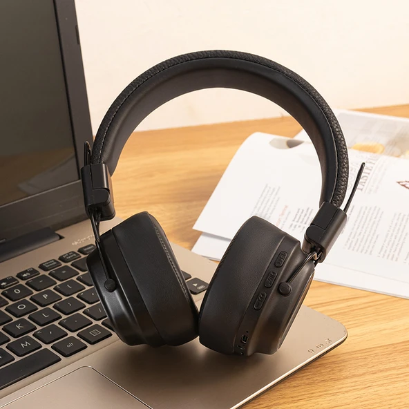 Kablosuz Bluetooth Kulaklık - Retro Stil - Siyah - Üst Model