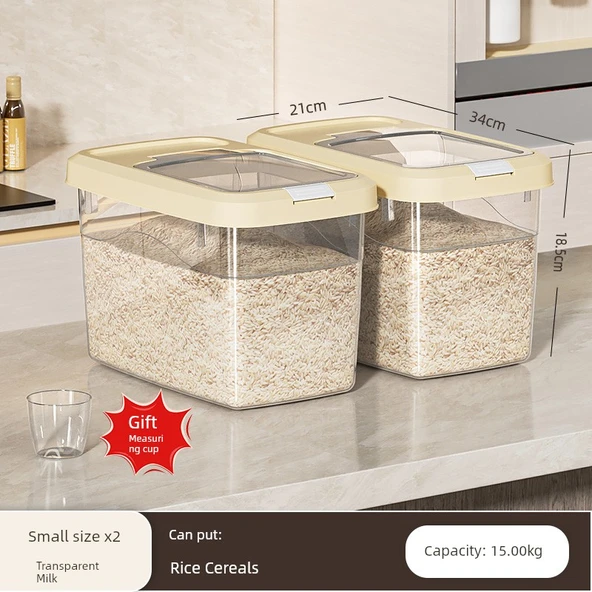 Şeffaf Pirinç Saklama Kabı - 2'li Paket - 7.50kg - Ölçü Kabı Dahil
