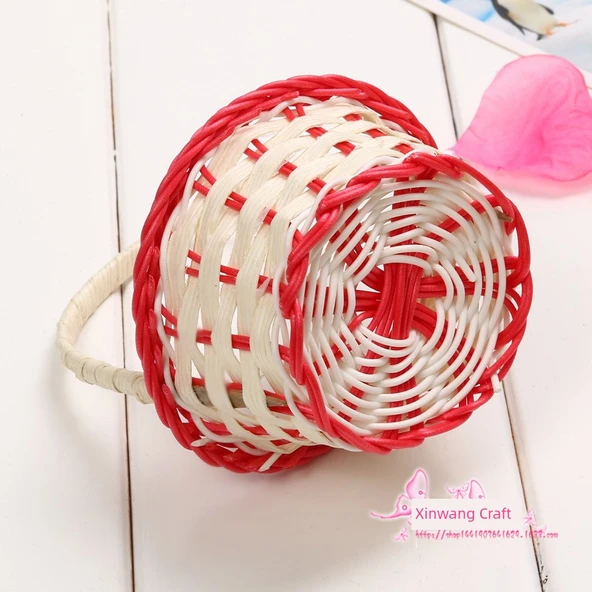 Mini Dokuma Sepet - Turuncu Yuvarlak - Küçük Mavi Detaylı - 4