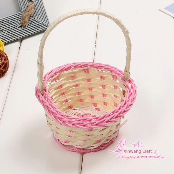 Mini Dokuma Sepet - Turuncu Yuvarlak - Küçük Mavi Detaylı - 5