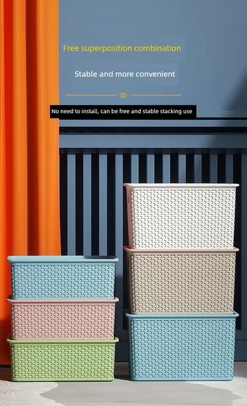 Rattan Desenli Plastik Saklama Sepeti - Haki - Orta Boy - Kapaksız - 11