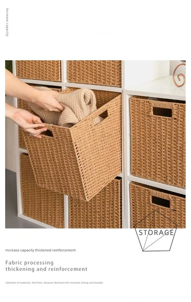 Katlanabilir Hasır Saklama Kutusu - Pirinç Kurdele Detaylı - 38x33x33 cm - 10