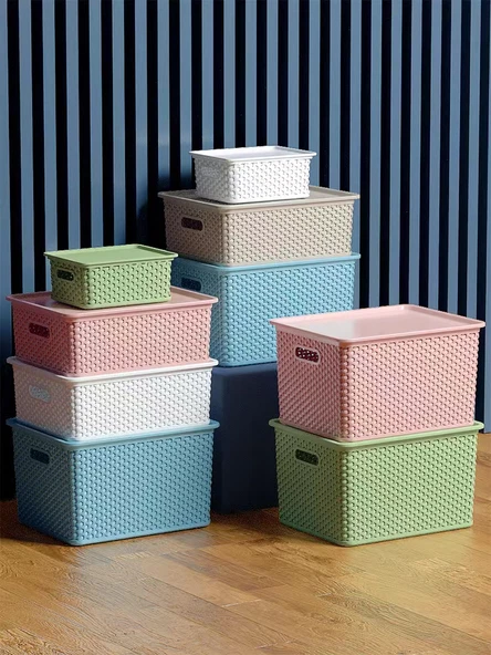 Rattan Desenli Plastik Saklama Sepeti - Beyaz - Orta Boy - Kapaklı - 2