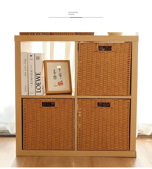 Katlanabilir Hasır Saklama Kutusu - Pirinç Kurdele Detaylı - 38x33x33 cm - 8