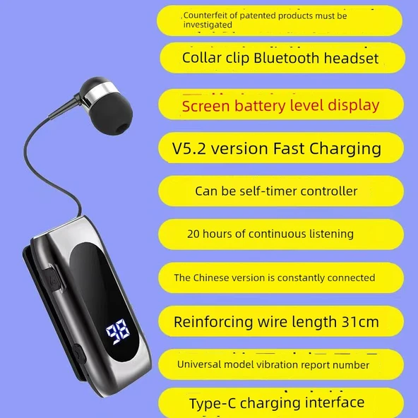Bluetooth 5.2 Yakalıklı Tek Kulaklık - Altın + 3C Şarj Başlığı - 7