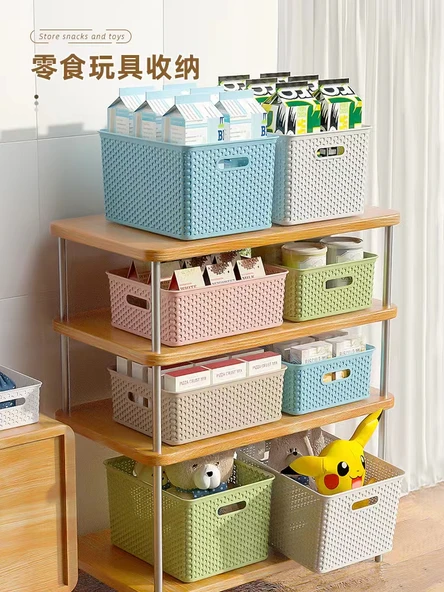 Rattan Desenli Plastik Saklama Sepeti - Haki - Orta Boy - Kapaksız - 4