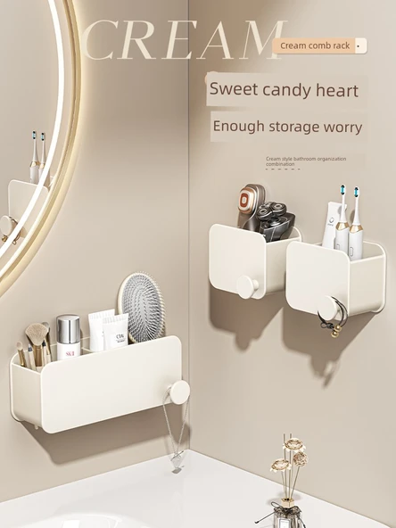 Duvara Monte Banyo Organizer Rafı - Krem Beyaz Tarak Rafı - Geliştirilmiş Model - 2