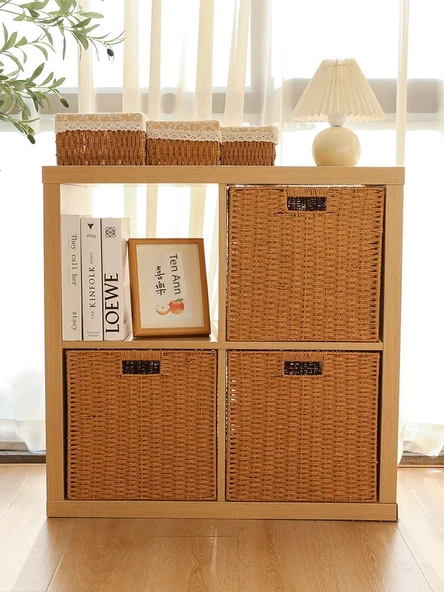 Katlanabilir Hasır Saklama Kutusu - Pirinç Kurdele Detaylı - 38x33x33 cm - 3