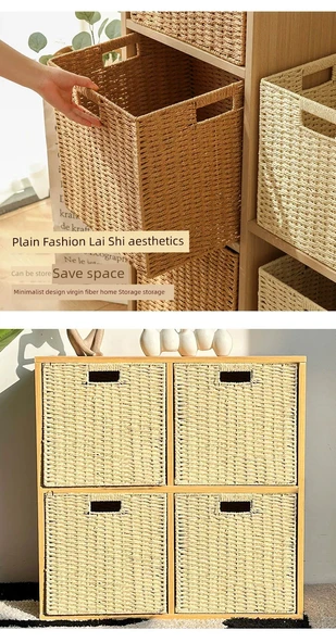 Katlanabilir Hasır Saklama Kutusu - Deve Tüyü Kurdele Detaylı - 29x29x29 cm - 9