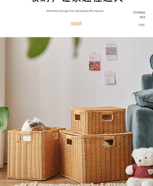 Kapaklı Rattan Görünümlü Saklama Sepeti - 35x27x22 - Sütlü Kahve - 8