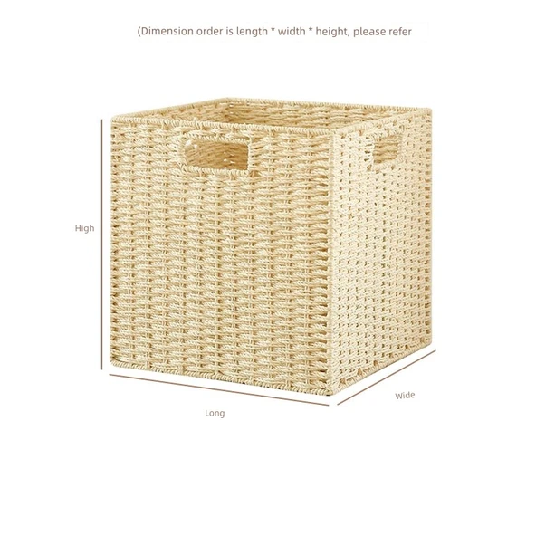 Katlanabilir Hasır Saklama Kutusu - Bej - 38x33x33 cm