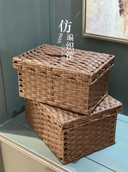 Japon Stili Rattan Saklama Kutusu - Küçük Boy Koyu Kahverengi Kapaklı - 7