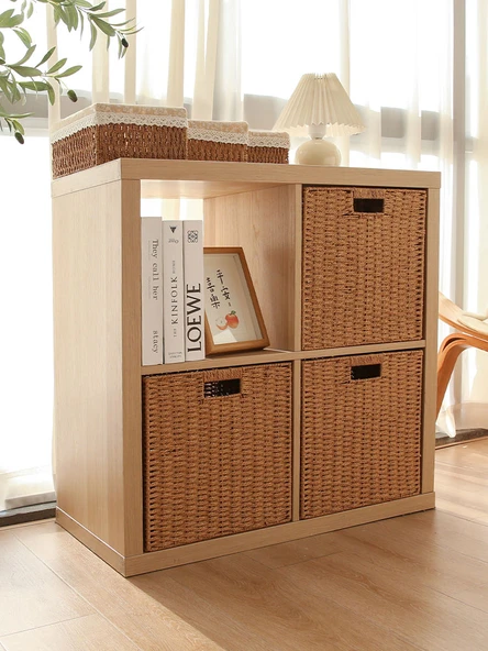 Katlanabilir Hasır Saklama Kutusu - Deve Tüyü Kurdele Detaylı - 41x30x29 cm - 5