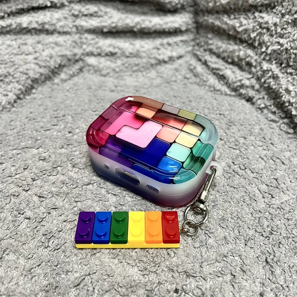 Airpods 1/2. Nesil Şeffaf 3D Puzzle Kılıf - Bloklu Kolye Ucu - 9