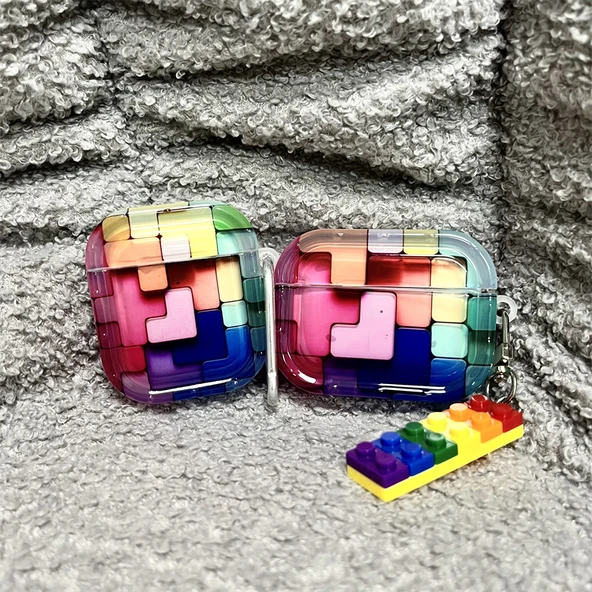 Airpods 1/2. Nesil Şeffaf 3D Puzzle Kılıf - Bloklu Kolye Ucu - 8