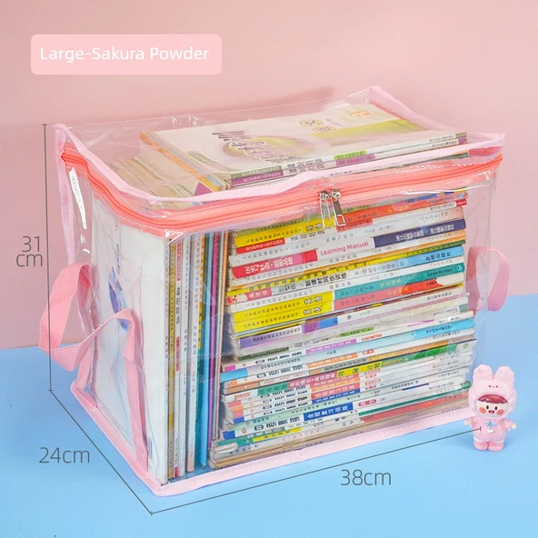 PVC Kitap Saklama Kutusu - Kiraz Çiçeği Desenli - Büyük Boy (70-90 Kitap Kapasiteli)