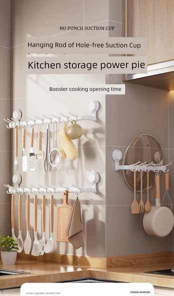 Taili Mutfak Rafı - 55cm - 8 Kancalı (2'li Paket) - Çivisiz Yapıştırıcı, Alüminyum Duvar Montajı - 8