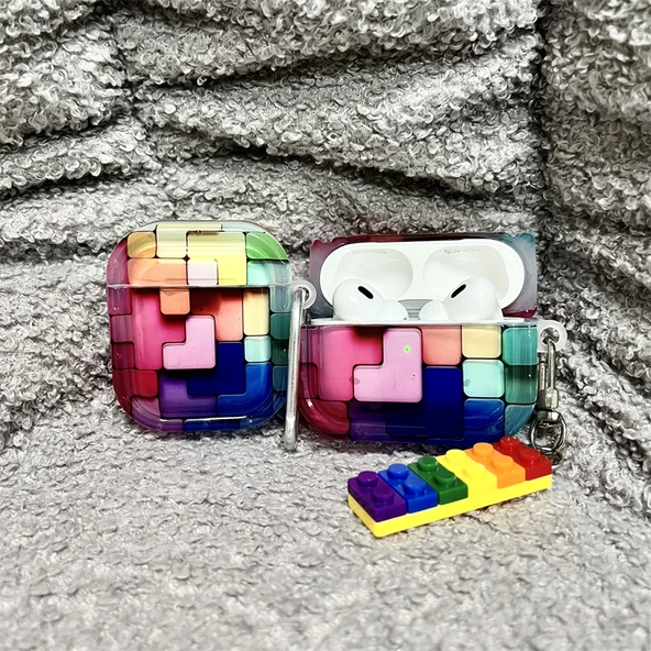 Airpods 1/2. Nesil Şeffaf 3D Puzzle Kılıf - Bloklu Kolye Ucu - 11