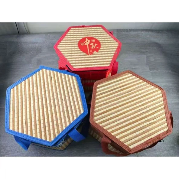 Katlanabilir Bambu Dokuma Hediye Sepeti - Kırmızı Geniş Kenarlı Kare Çanta - Küçük Boy - 3