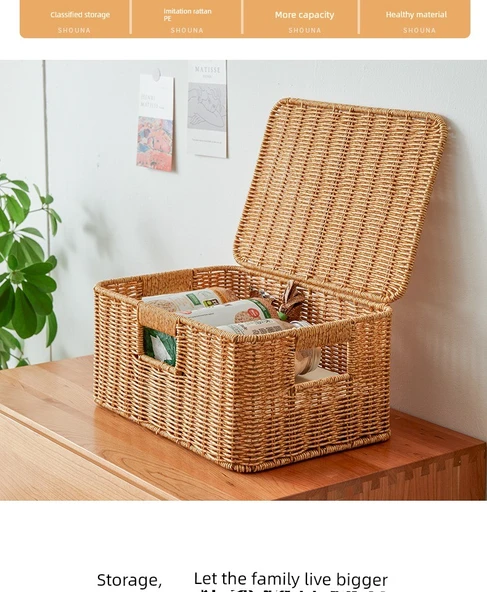 Kapaklı Rattan Görünümlü Saklama Sepeti - 35x27x22 - Sütlü Kahve - 7