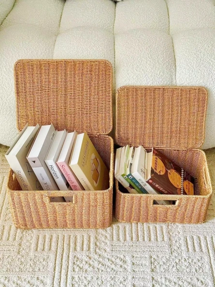 Kapaklı Rattan Görünümlü Saklama Sepeti - 35x27x22 - Sütlü Kahve - 2