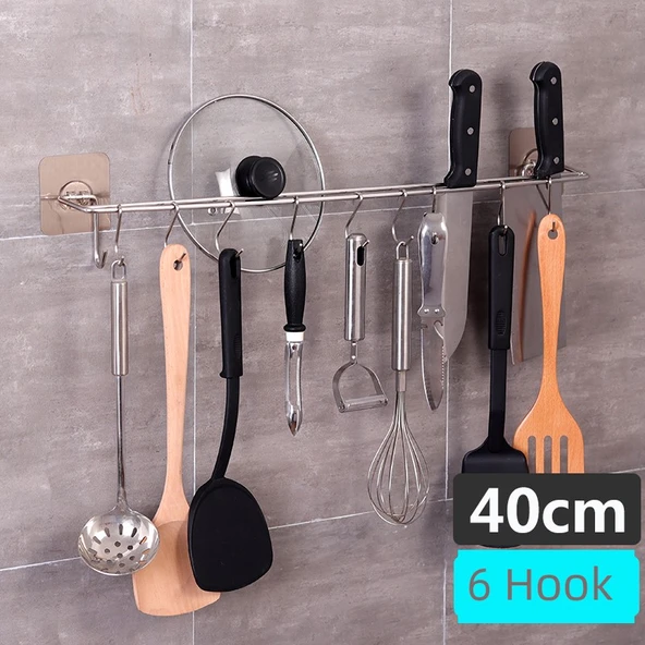 Yapışkanlı Mutfak Kancası - 40cm - 6 Kancalı - Kapak ve Bıçaklı
