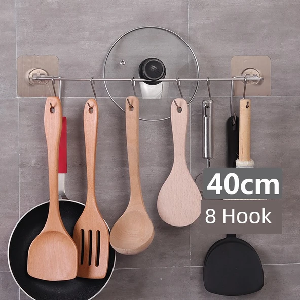 Yapışkanlı Mutfak Kancası - 40cm - 8 Kancalı - Kapaklı