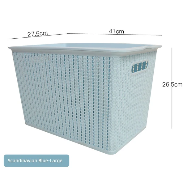 Rattan Desenli Kapaklı Masaüstü Saklama Kutusu - İskandinav Mavi - Büyük Boy