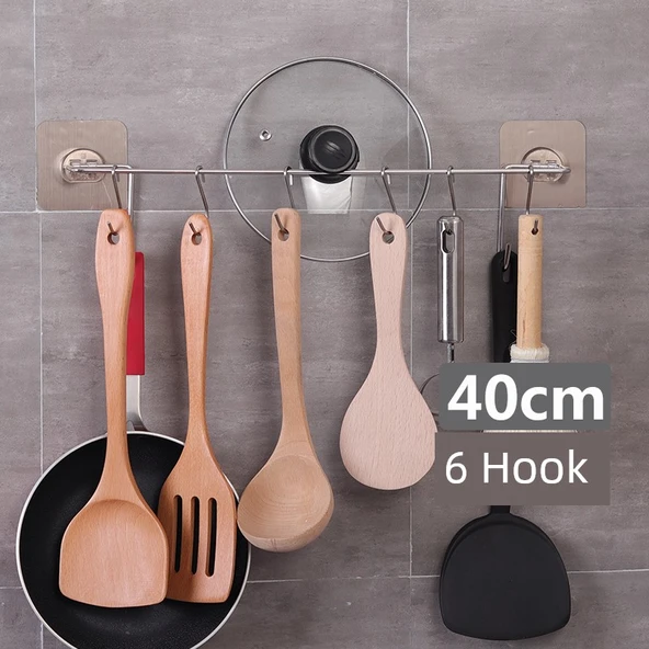 Yapışkanlı Mutfak Kancası - 40cm - 6 Kancalı - Kapaklı
