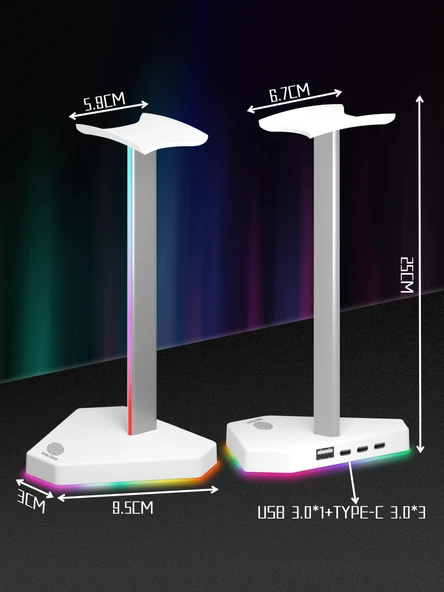 RGB Işıklı Kulaklık Standı - Mor Gümüş (Şarjlı, Veri Aktarımlı) + 1.2m TC Data Kablosu - 4