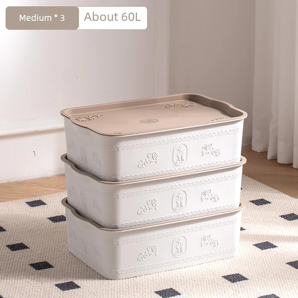 Kalınlaştırılmış Plastik Saklama Kutusu - Üç Adet Orta 60L (Üst Üste İstiflenebilir, Yerden Tasarruf)