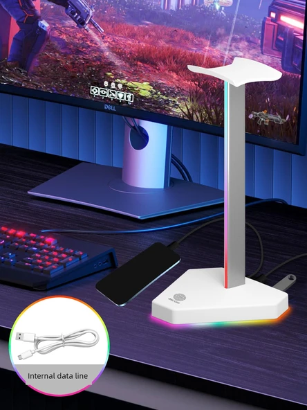 RGB Işıklı Kulaklık Standı - Mor Gümüş (Şarjlı, Veri Aktarımlı) + 1.2m TC Data Kablosu - 5