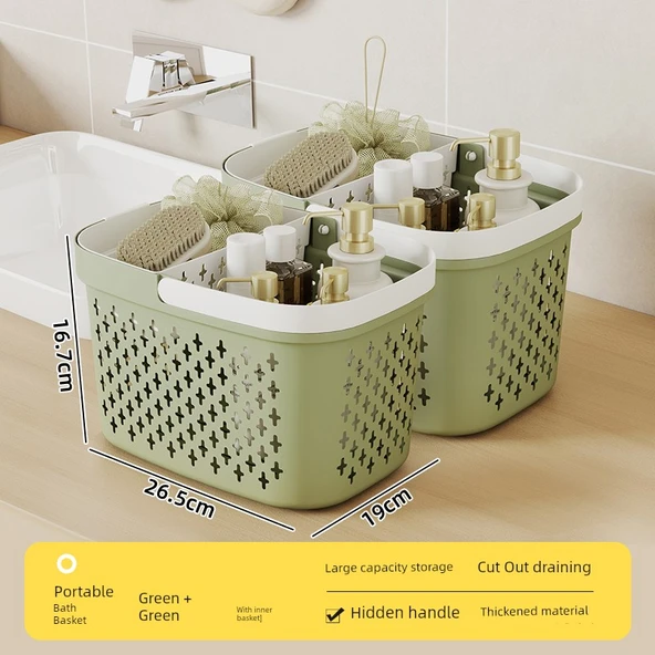 Öğrenci Yurdu Banyo Sepeti - Yeşil - İkili [Genişletilmiş/Yeni İç Çamaşırı Sepeti]