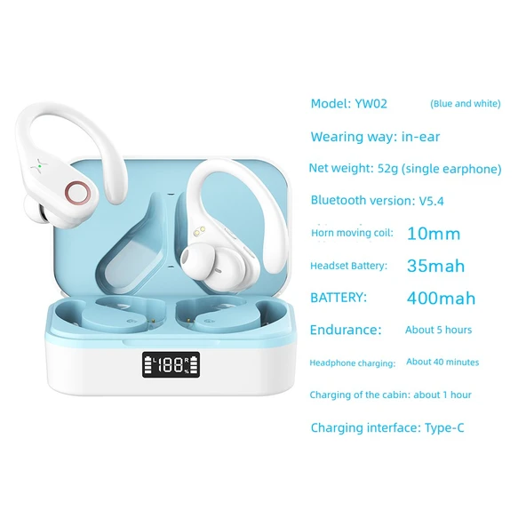 Bluetooth Kulak İçi Spor Kulaklık - Gök Mavisi 02 Kulak Askılı Uzun Ömürlü