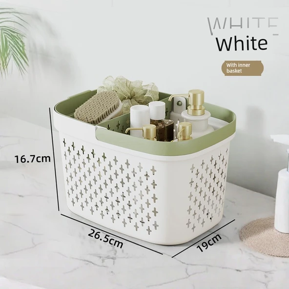 Plastik Banyo Sepeti - Dikdörtgen - Beyaz ve Yeşil - Orta Boy - 2'li Set