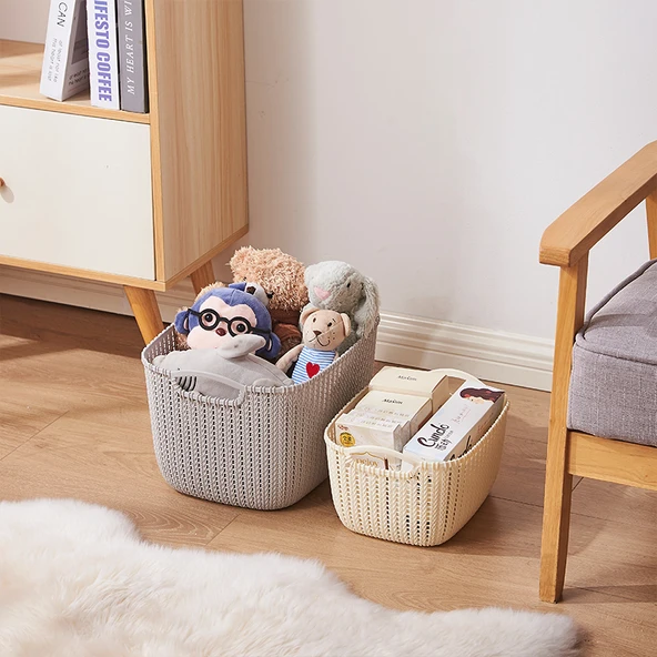 Plastik Rattan Görünümlü Saklama Sepeti - Gri - Büyük Boy - 4