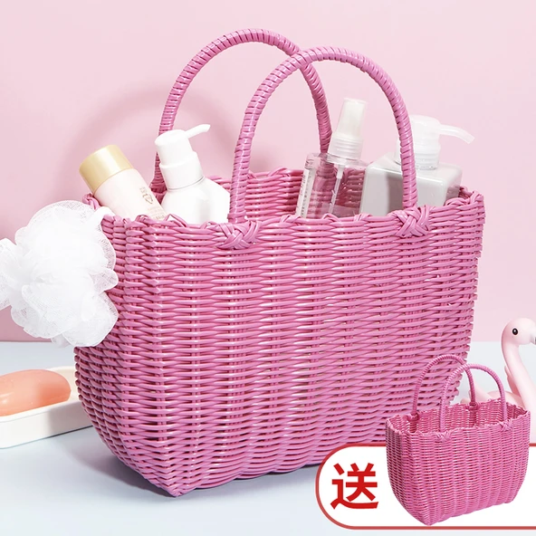 El Örgüsü Plastik Saklama Sepeti - Banyo/Meyve Sepeti - Ekstra Büyük/Pembe Hediye - 1 Alana 1 Bedava