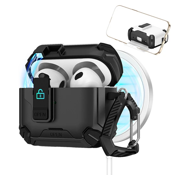 Airpods Pro/Pro2 Kılıfı - Siyah - Manyetik, Telefon Tutucu, Yaylı Kilit, Düşme Önleyici