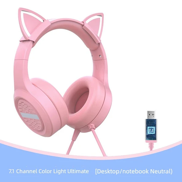 Pembe Kedi Kulaklı Gaming Kulaklık - 7.1 Kanal Amiral Gemisi Sürümü