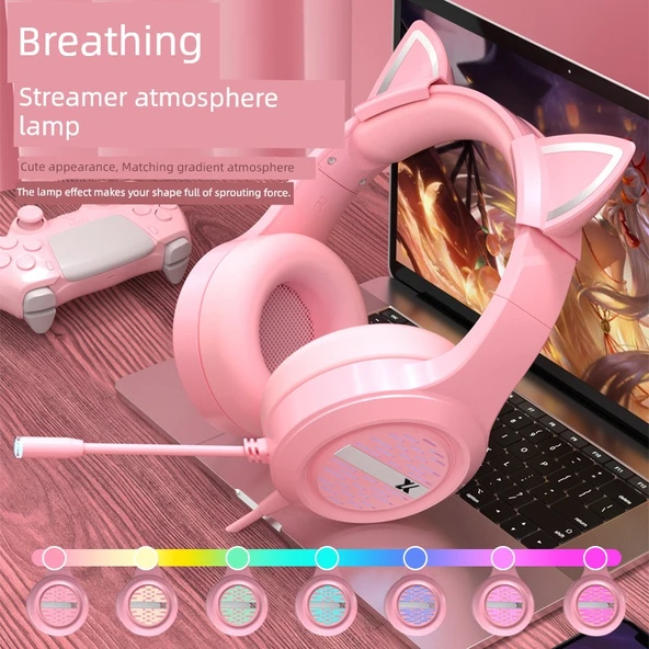 Pembe Kedi Kulaklı Gaming Kulaklık - RGB Işıklı Üç Girişli - 5