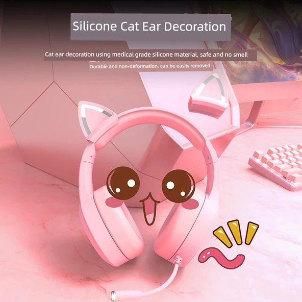 Pembe Kedi Kulaklı Gaming Kulaklık - RGB Işıklı Üç Girişli - 2