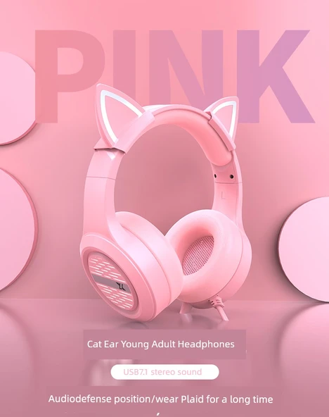 Pembe Kedi Kulaklı Gaming Kulaklık - 7.1 Kanal Amiral Gemisi Sürümü - 6