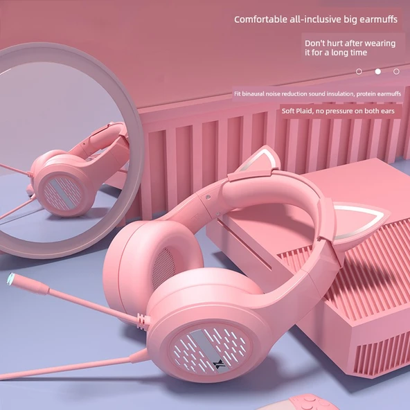 Pembe Kedi Kulaklı Gaming Kulaklık - RGB Işıklı Üç Girişli - 3
