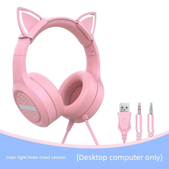 Pembe Kedi Kulaklı Gaming Kulaklık - RGB Işıklı Üç Girişli