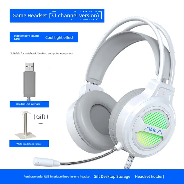 7.1 Surround USB Kablolu Oyuncu Kulaklığı - Beyaz Ay USB Arabirim ve Kulaklık Askısı