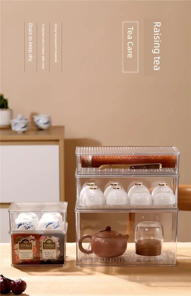 Çay Seti Saklama Kutusu - 8038 Kapaklı Tam Şeffaf Süzgeçli Yüksek Model - 7