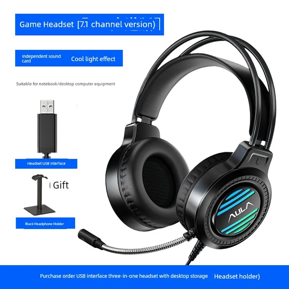 7.1 Surround USB Kablolu Oyuncu Kulaklığı - Koyu Gece USB Arabirim ve Kulaklık Askısı